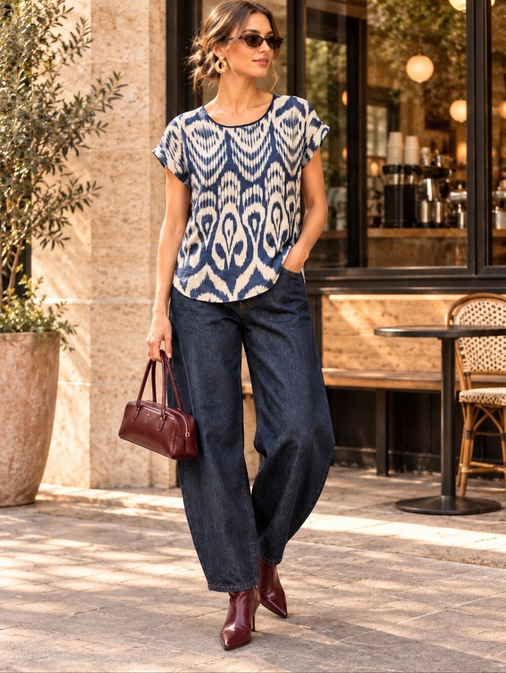 GIUSY Silk Blend Ikat Print Blouse Blue Short Sleeve Lined Made in Italy Small